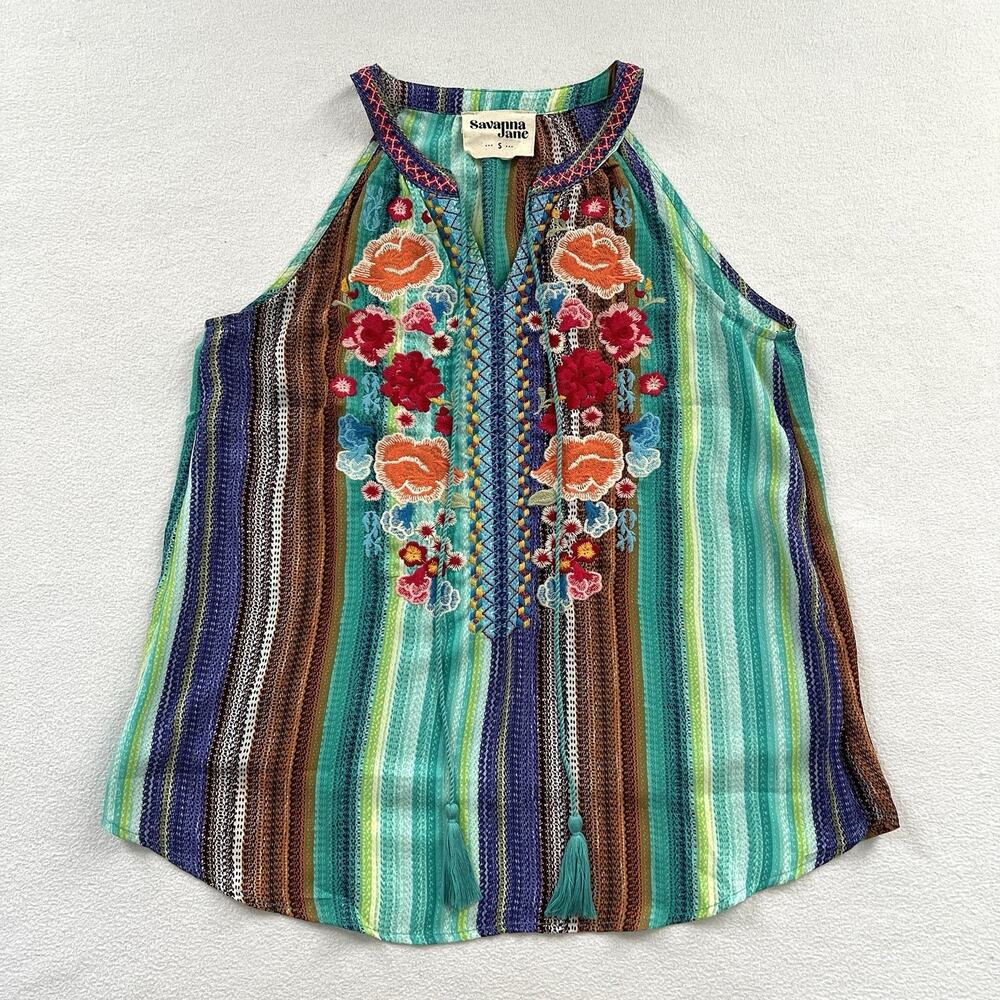 Savanna Jane Stripe Rose Embroidered Tank Boho Floral Festival Tie Halter Top S